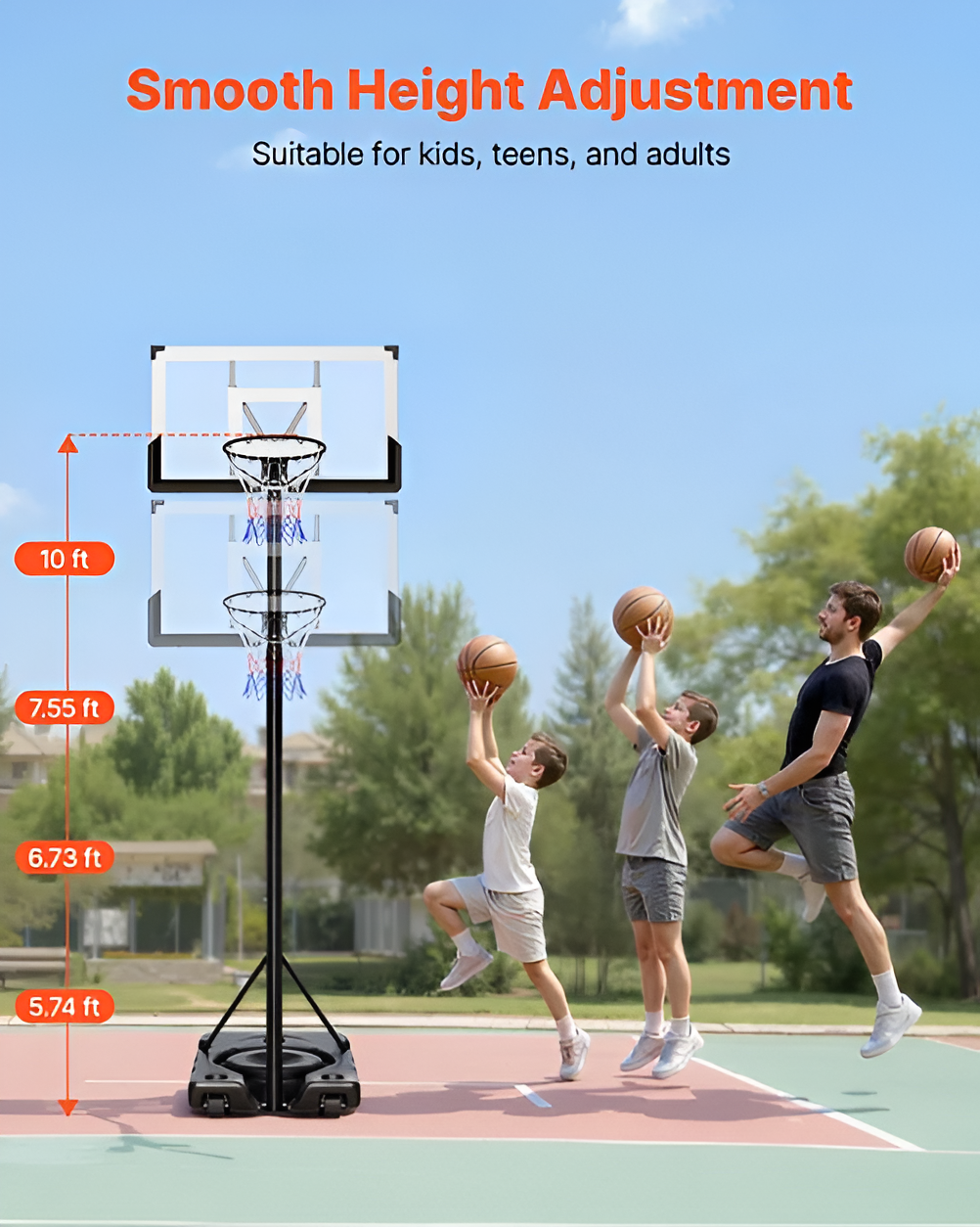 Adjustable Portable Basketball Hoop - 10 ft Height with 48" Backboard & Wheels