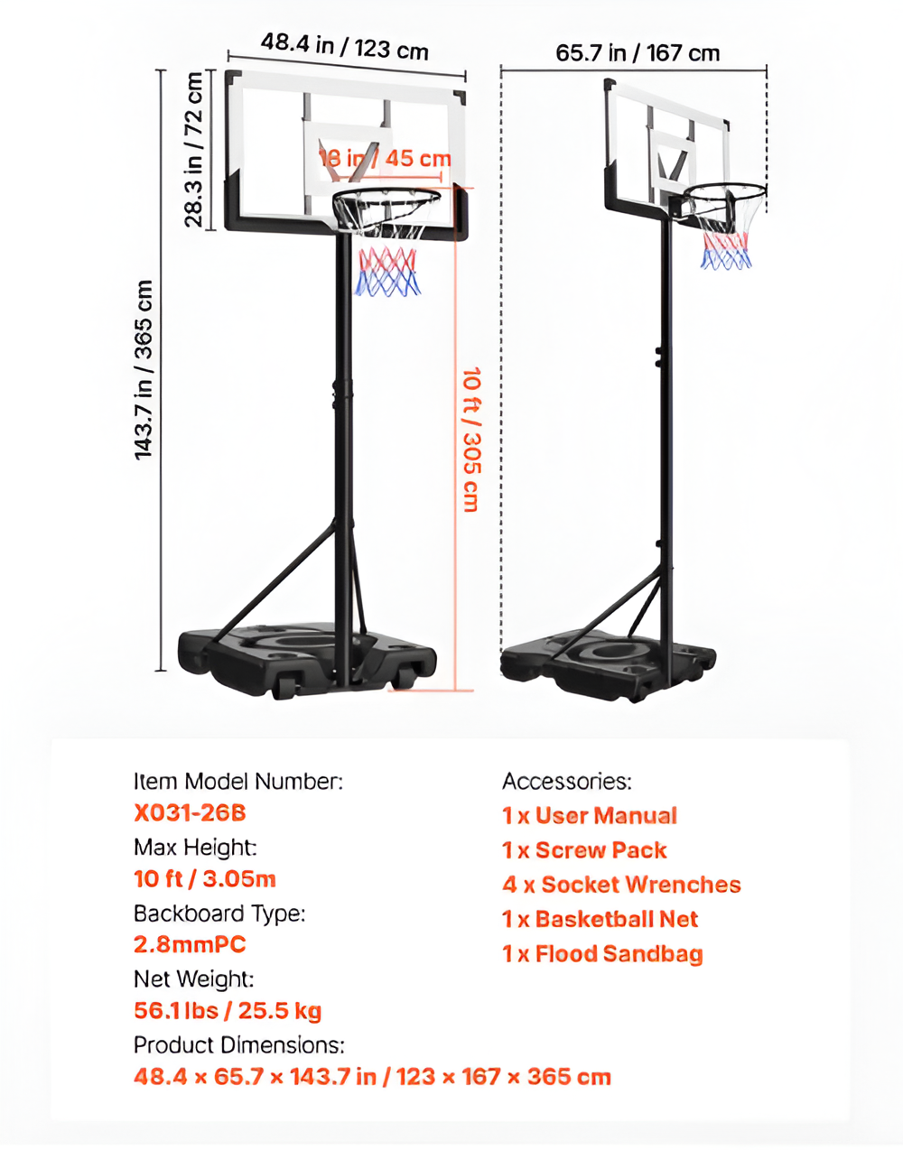 Adjustable Portable Basketball Hoop - 10 ft Height with 48" Backboard & Wheels