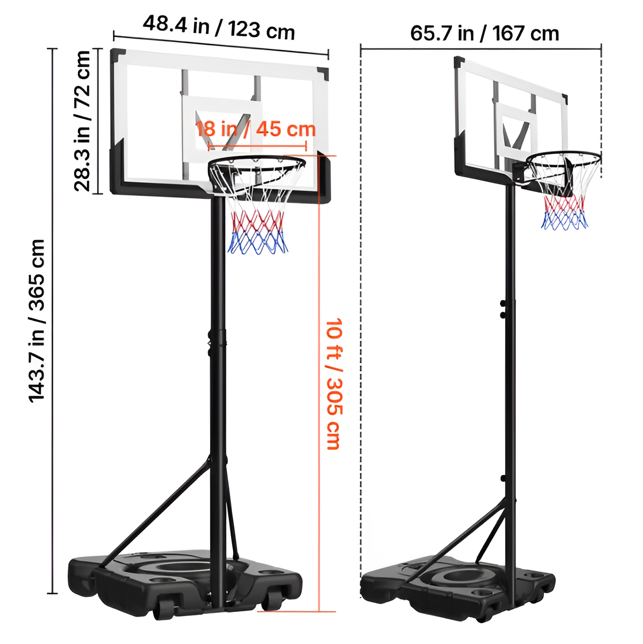 Adjustable Portable Basketball Hoop - 10 ft Height with 48" Backboard & Wheels