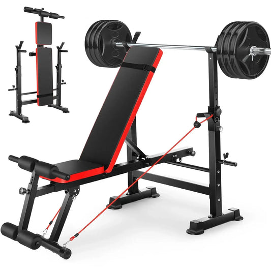 Adjustable Weight Bench with Barbell Rack and Resistance Bands