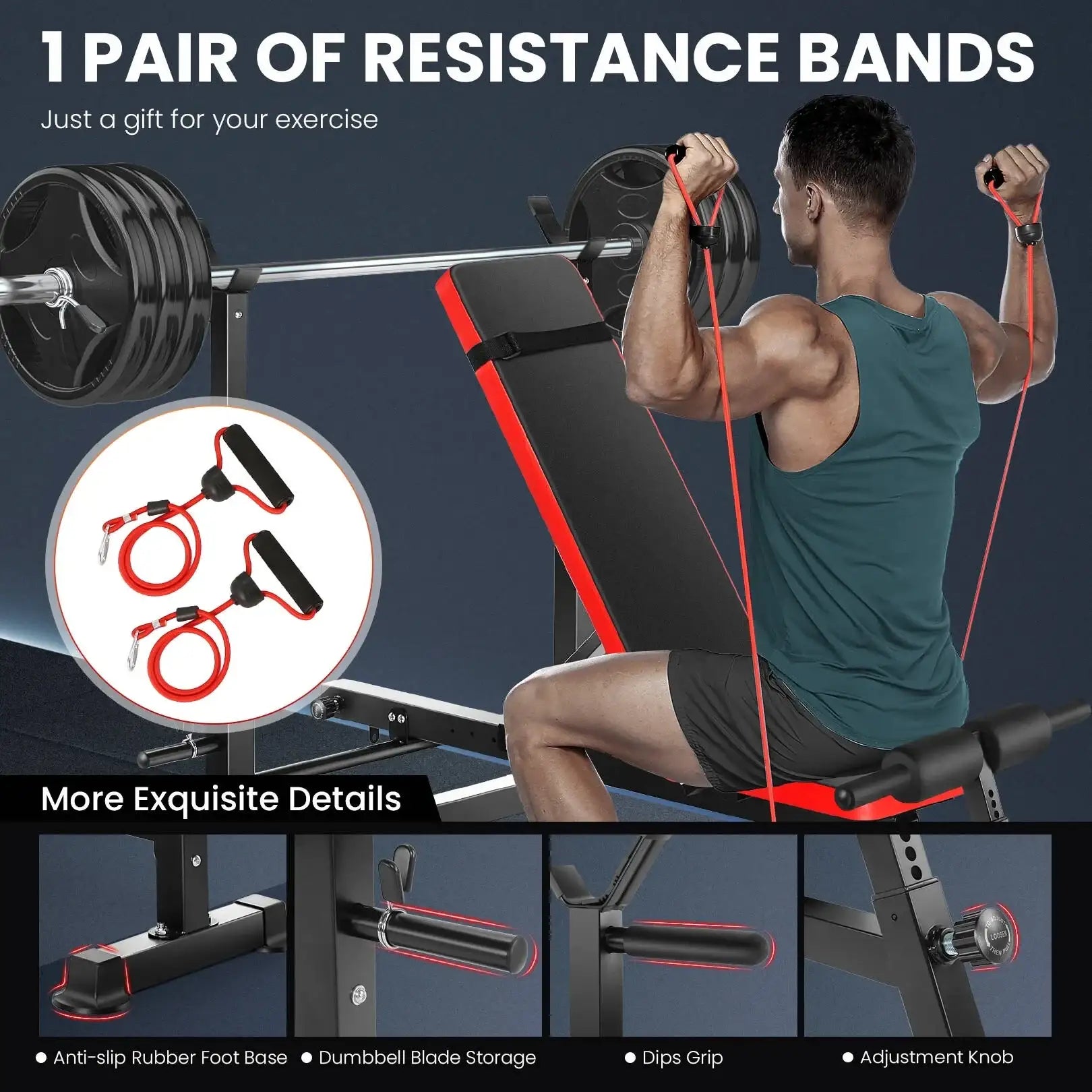 Adjustable Weight Bench with Barbell Rack and Resistance Bands