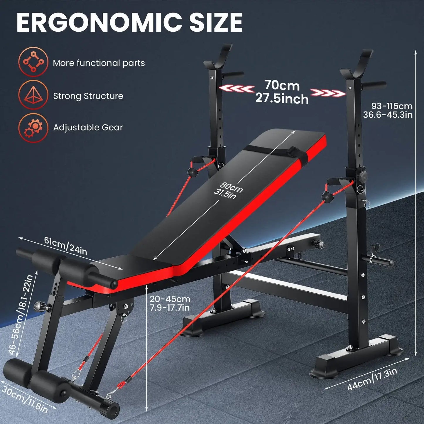 Adjustable Weight Bench with Barbell Rack and Resistance Bands