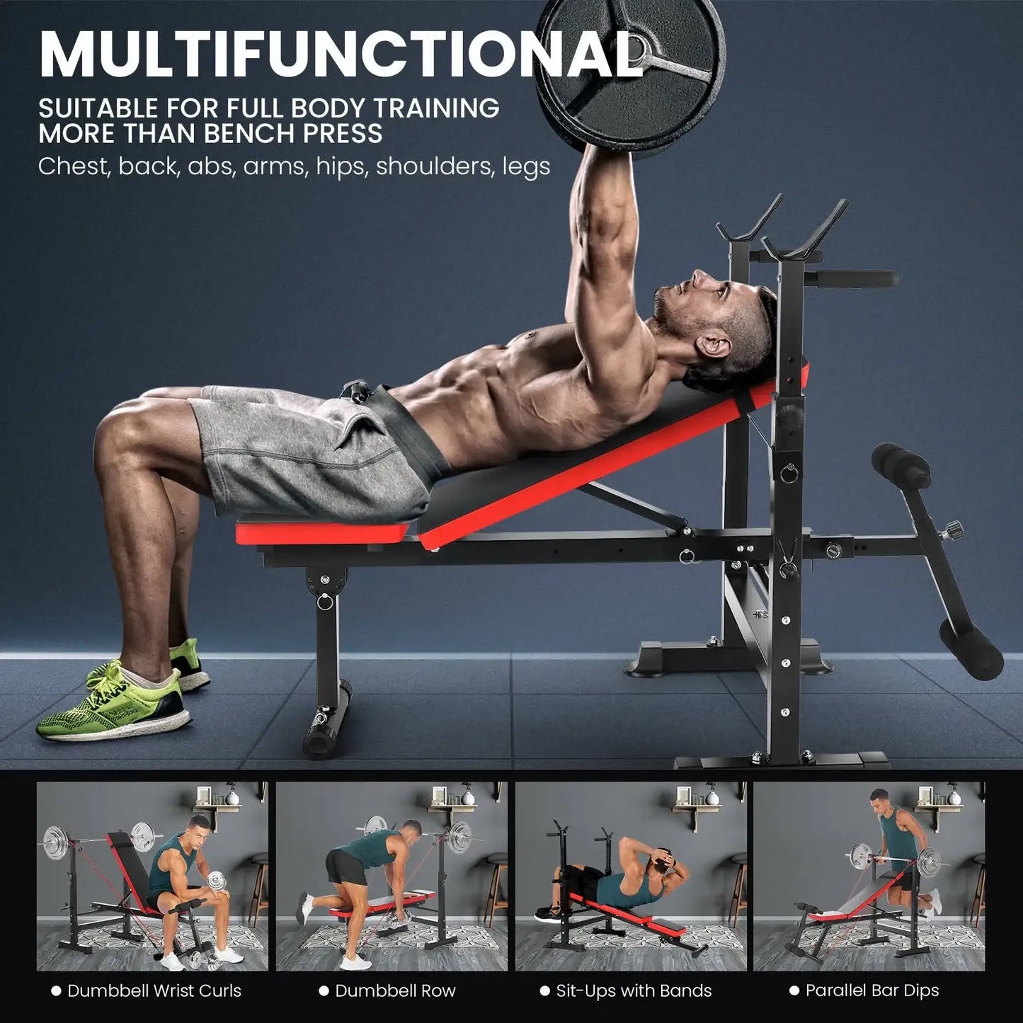 Adjustable Weight Bench with Barbell Rack and Resistance Bands