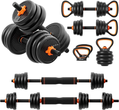 Adjustable Dumbbell Set, 55 Lbs Free Weights Dumbbells, Barbell, Kettlebell and Push-Up, Home Gym Fitness Workout Equipment, Black