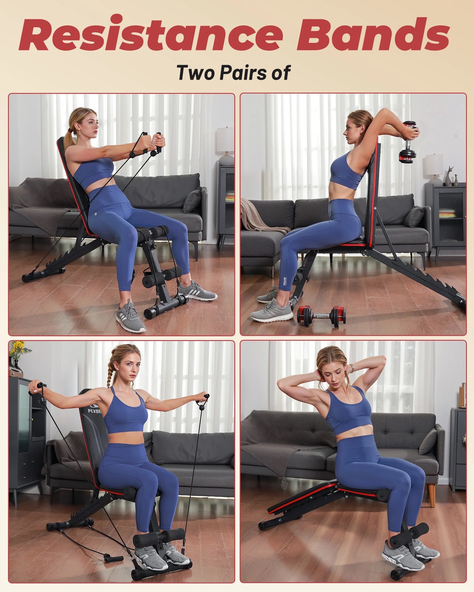 Adjustable Folding Weight Bench for Home Gym, Includes Resistance Bands