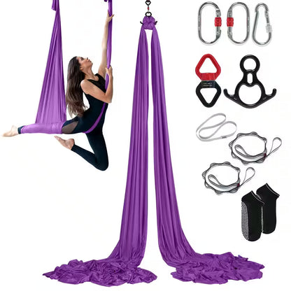 Aerial Silk and Yoga Swing 8.7 Yards Aerial Yoga Hammock Kit with 100Gsm Nylon Fabric, Purple