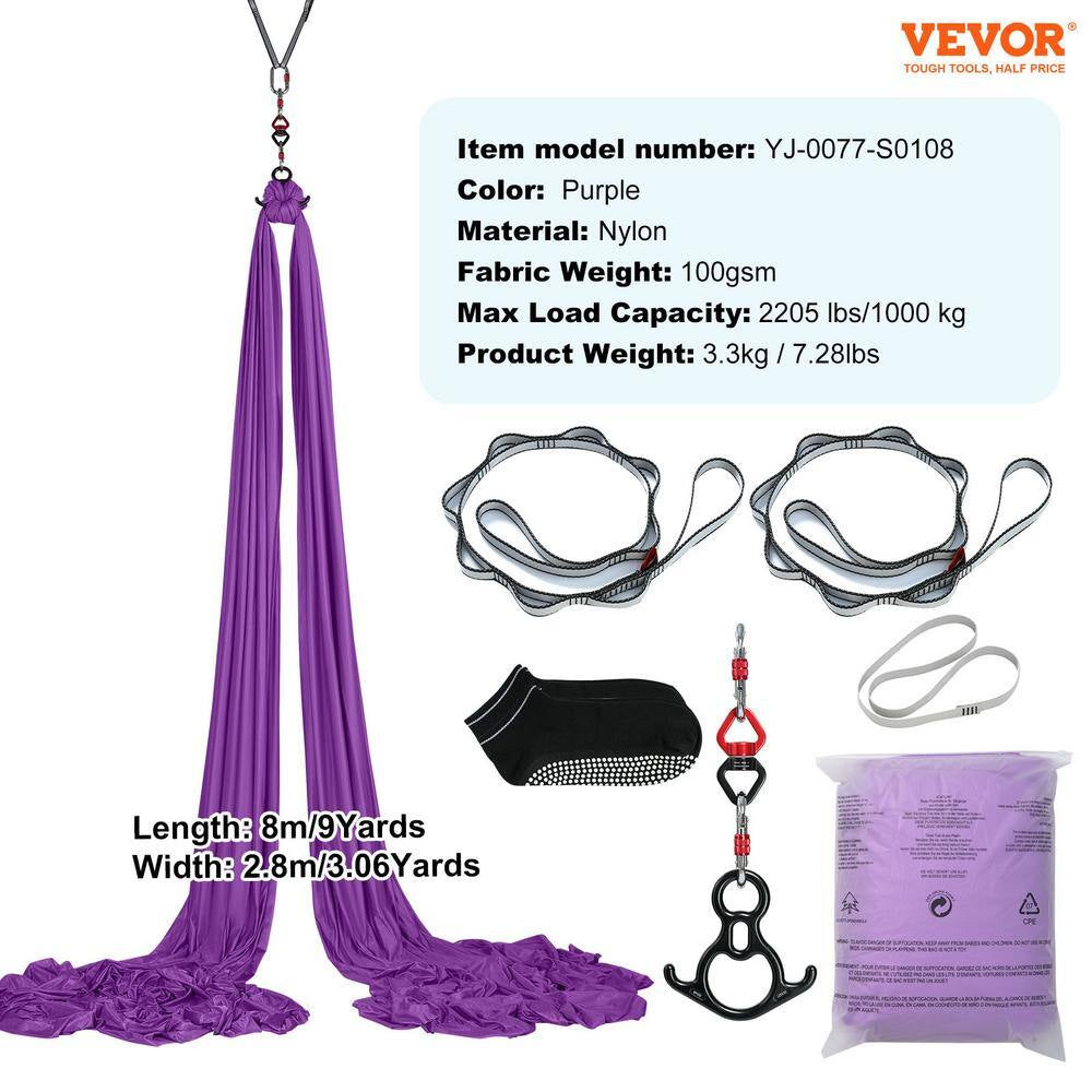 Aerial Silk and Yoga Swing 8.7 Yards Aerial Yoga Hammock Kit with 100Gsm Nylon Fabric, Purple