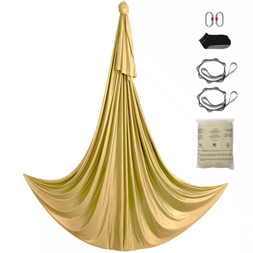 Aerial Yoga Hammock & Swing, 4.4 Yards, Aerial Yoga Starter Kit in Gold, with 100Gsm Nylon Fabric, Full Rigging Hardware
