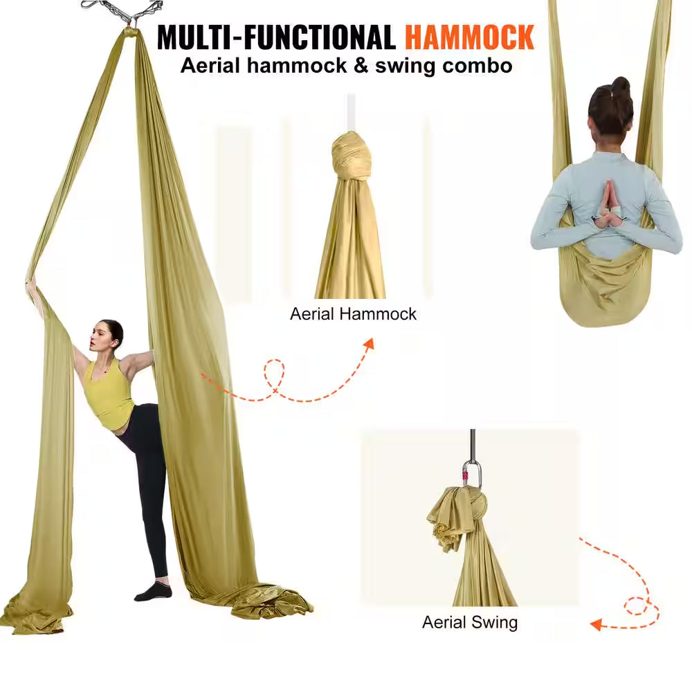 Aerial Yoga Hammock and Swing, 4.4 Yds. 100Gsm Nylon Fabric Kit, Full Hardware, Antigravity Fitness for All Levels, Gold