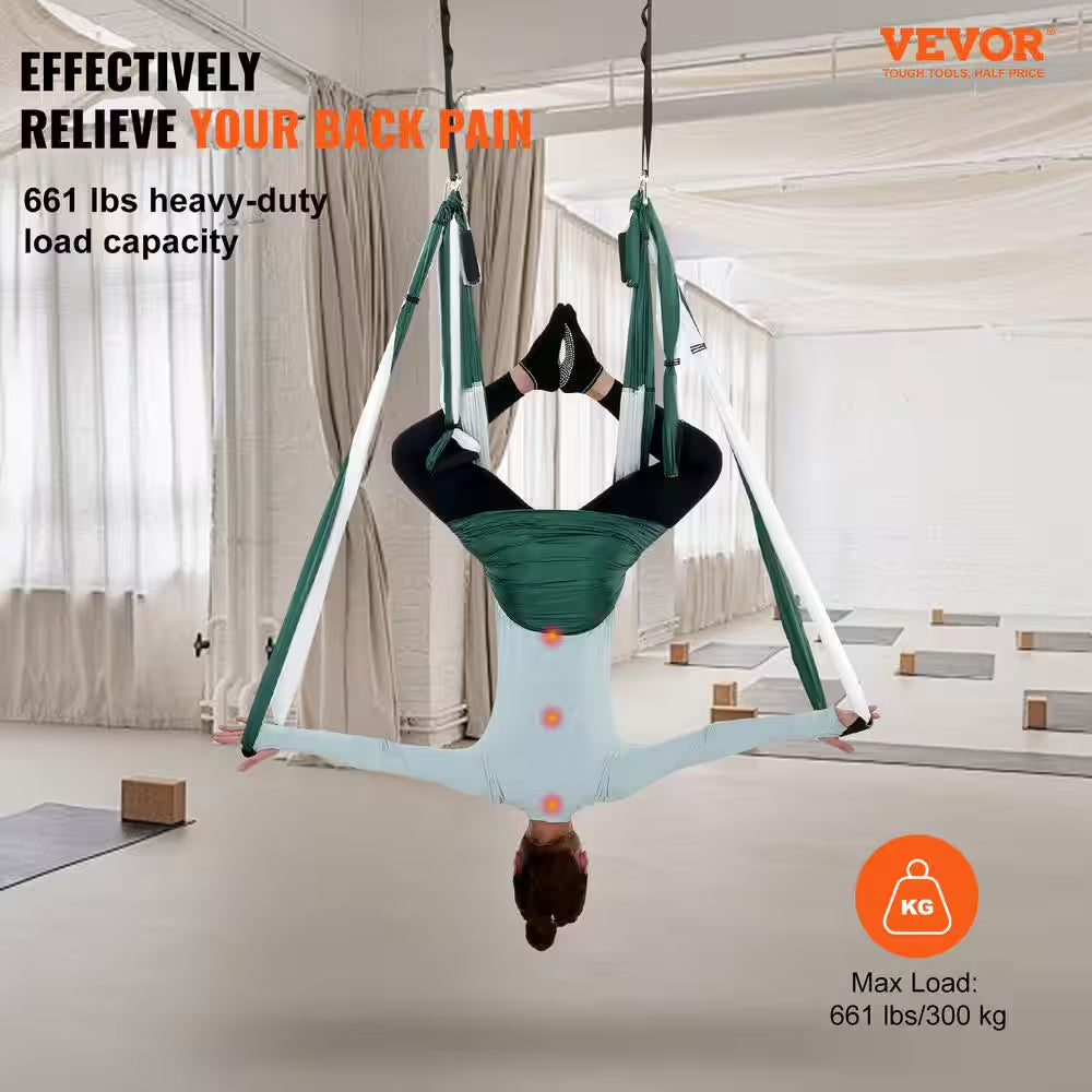 Aerial Yoga Swing Set 2.7 Yards Yoga Hammock Hanging Swing Aerial Sling Inversion Fly Kit, Green/White