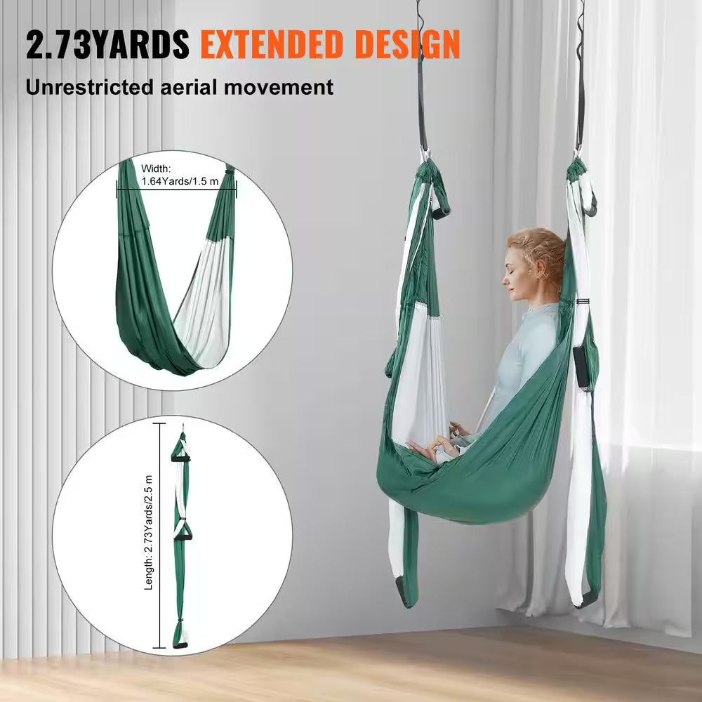 Aerial Yoga Swing Set 2.7 Yards Yoga Hammock Hanging Swing Aerial Sling Inversion Fly Kit, Green/White