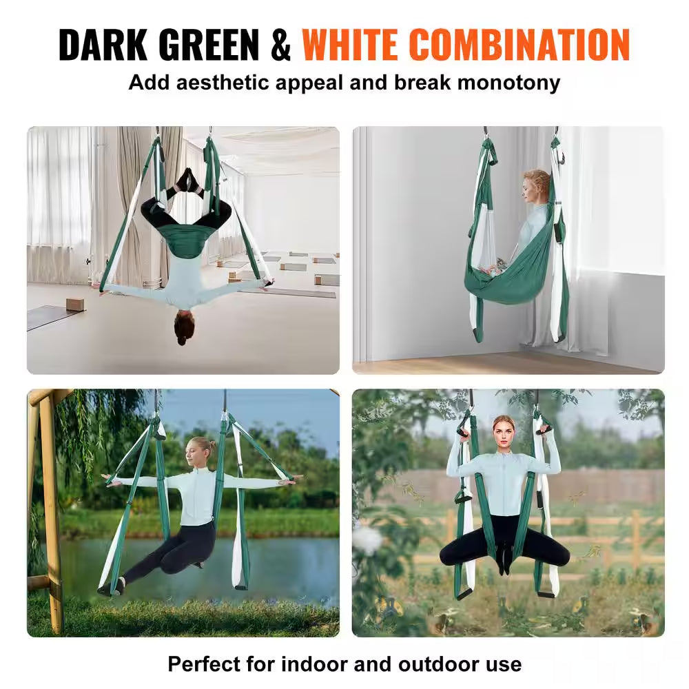 Aerial Yoga Swing Set 2.7 Yards Yoga Hammock Hanging Swing Aerial Sling Inversion Fly Kit, Green/White