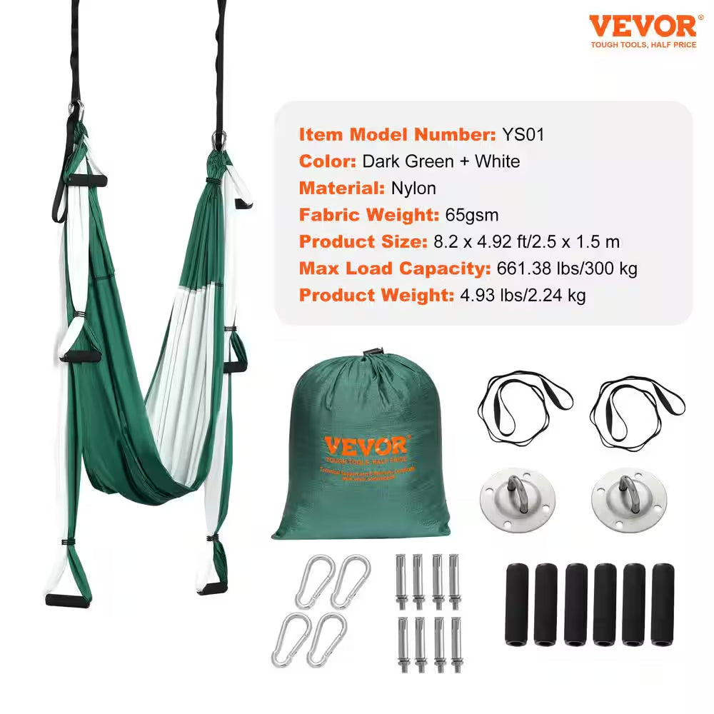 Aerial Yoga Swing Set 2.7 Yards Yoga Hammock Hanging Swing Aerial Sling Inversion Fly Kit, Green/White