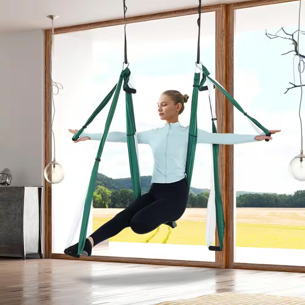 Aerial Yoga Swing Set 2.7 Yards Yoga Hammock Hanging Swing Aerial Sling Inversion Fly Kit, Green/White