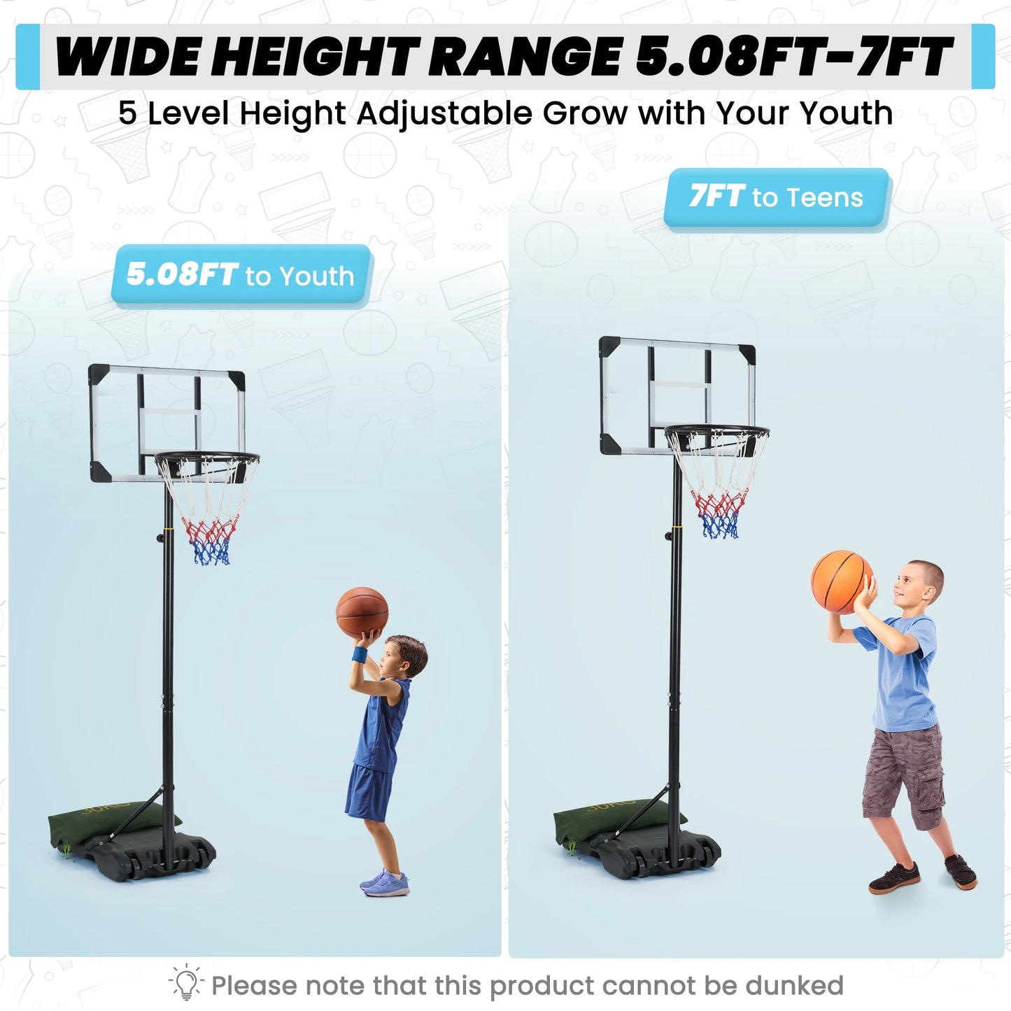 Basketball Hoop Basketball Goal System Height Adjustable 5.1Ft to 7Ft Court for All Age Ranges Indoor Outdoor Use