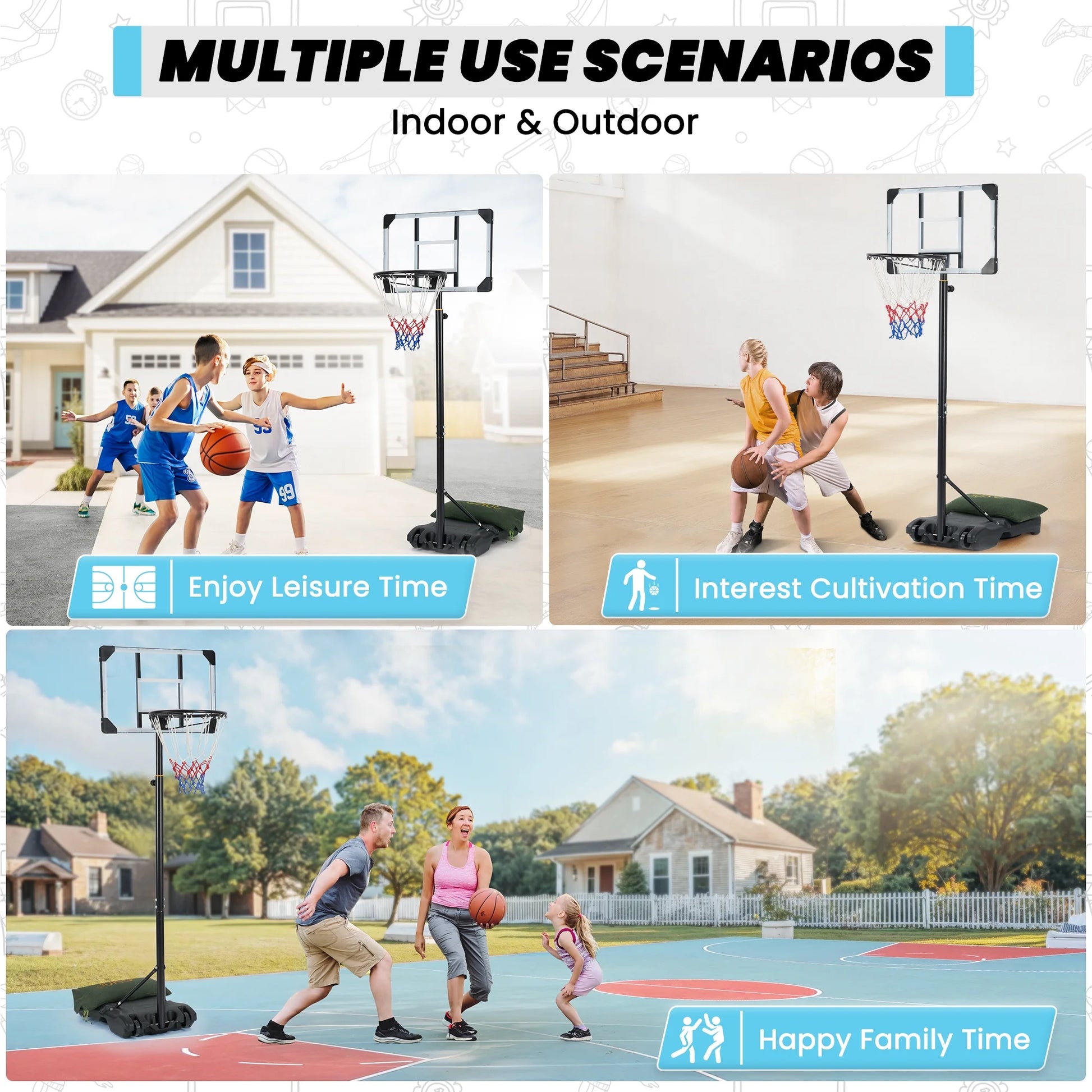 Basketball Hoop Basketball Goal System Height Adjustable 5.1Ft to 7Ft Court for All Age Ranges Indoor Outdoor Use