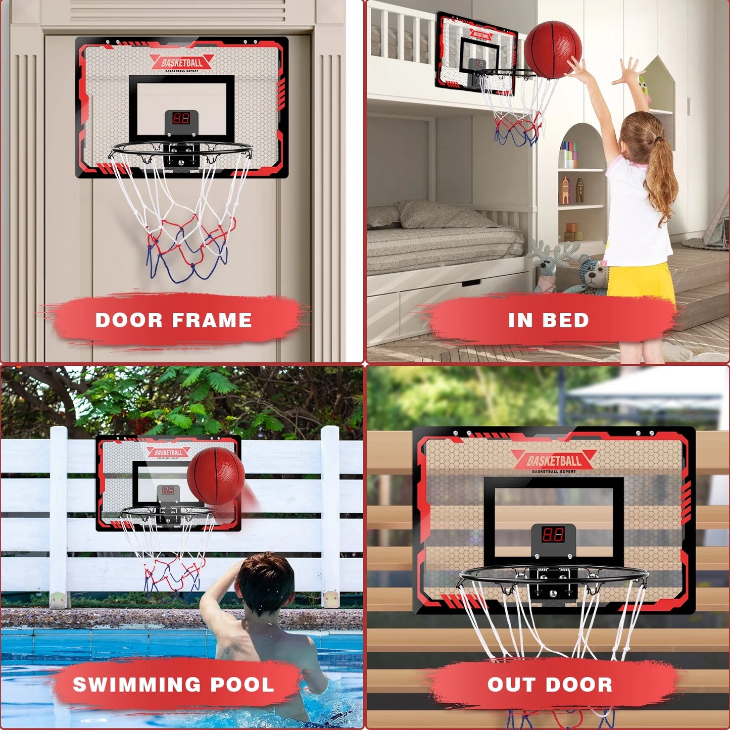 Basketball Hoop Indoor, LED Light Mini Basketball Hoops with 2 Balls & Electronic Scoreboard, over the Door Basketball Hoop, Basketball Accessories for 5 6 7 8 9 10 11 12 Year Old Kids Teen Adults