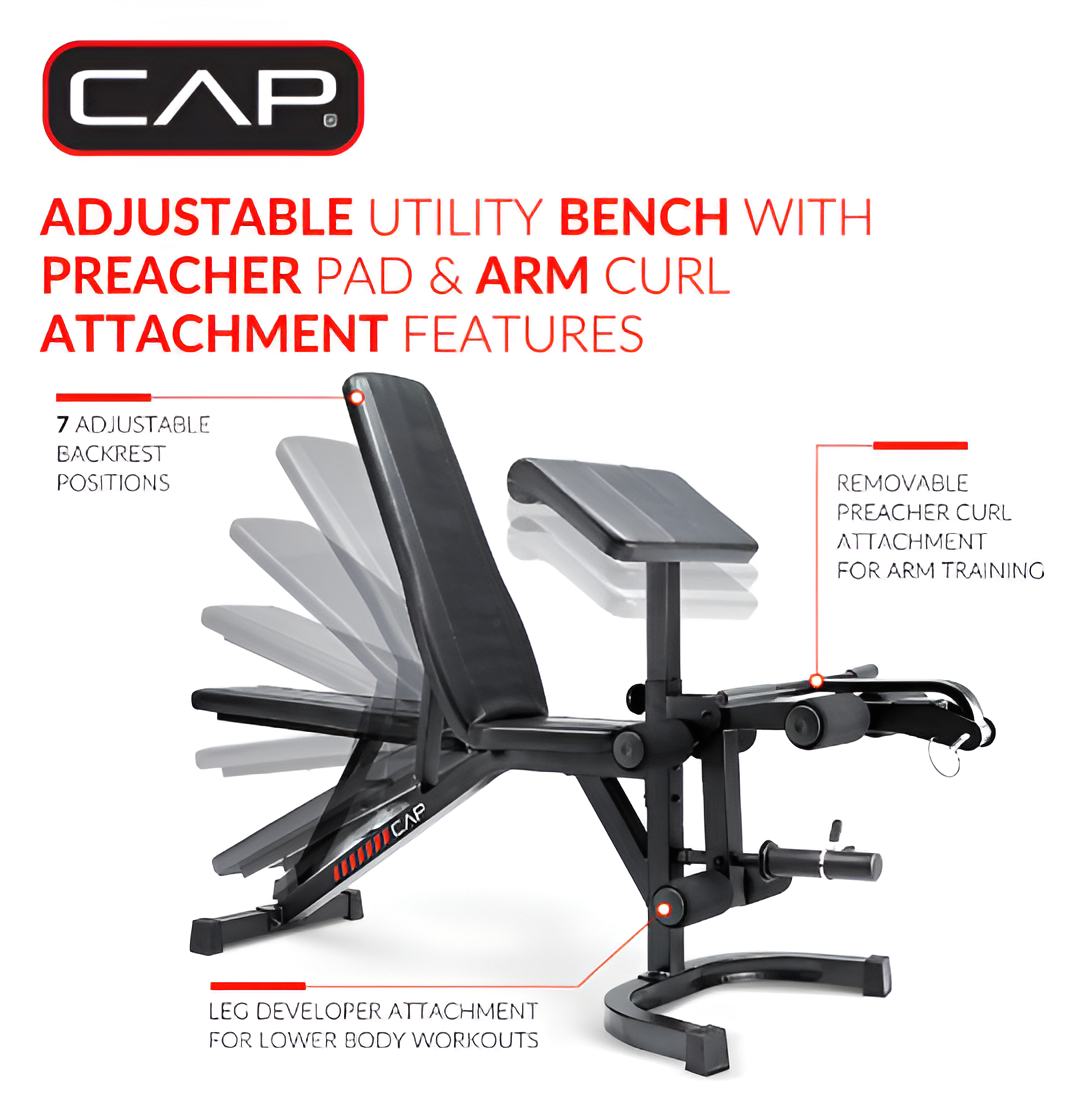 Deluxe Adjustable Utility Weight Bench with Preacher Curl and Leg Press Attachment