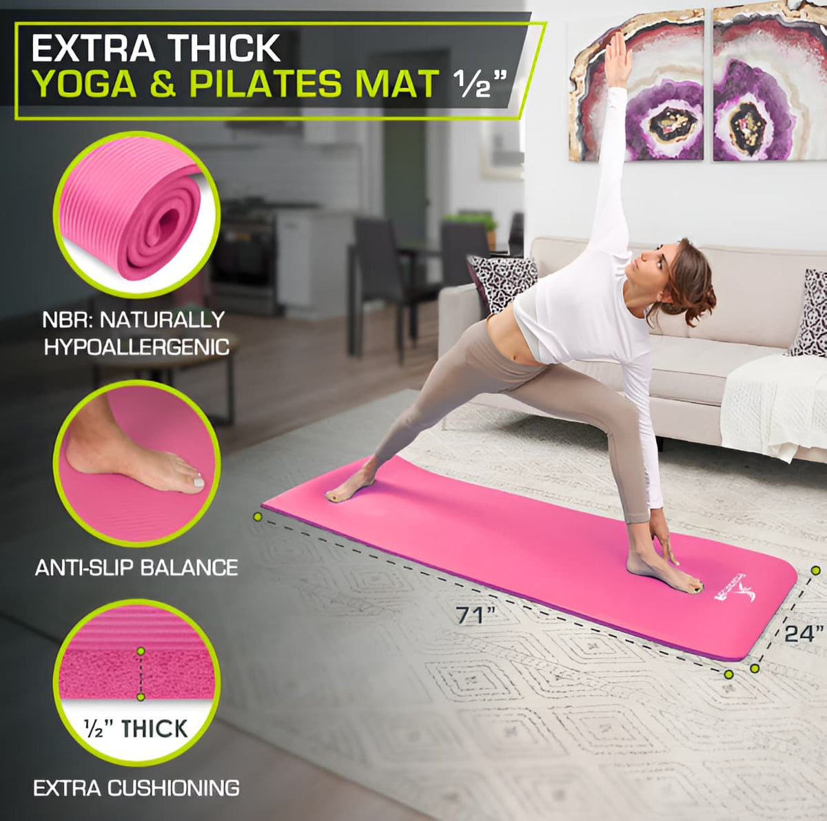 Extra Thick Yoga Mat 71 x 24 - 0.5 Non-Slip Exercise Mat