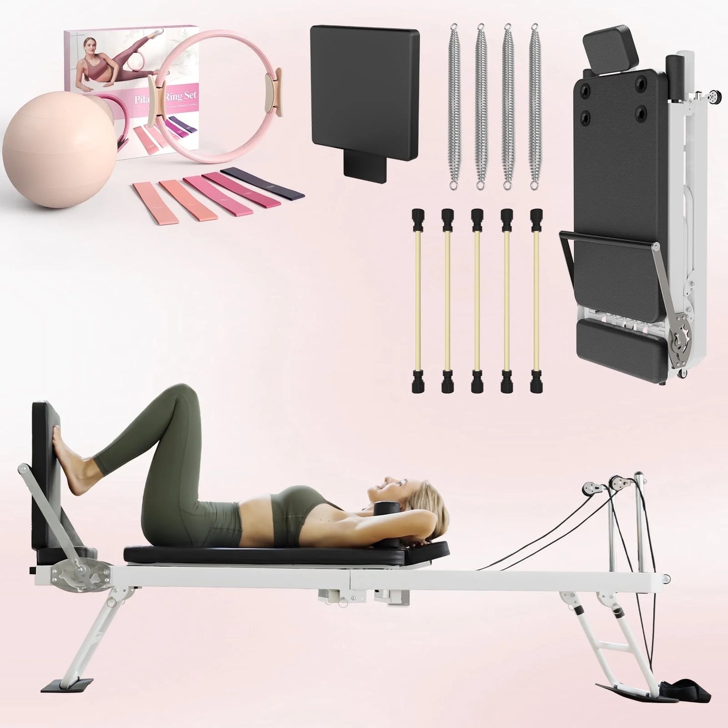 Foldable Pilates Equipment for Home Workouts,Balanced Body Pilates Reformer Machine for Home and Gym, Pilates Exercise Equipment with Jump Board, Additional 4 Springs