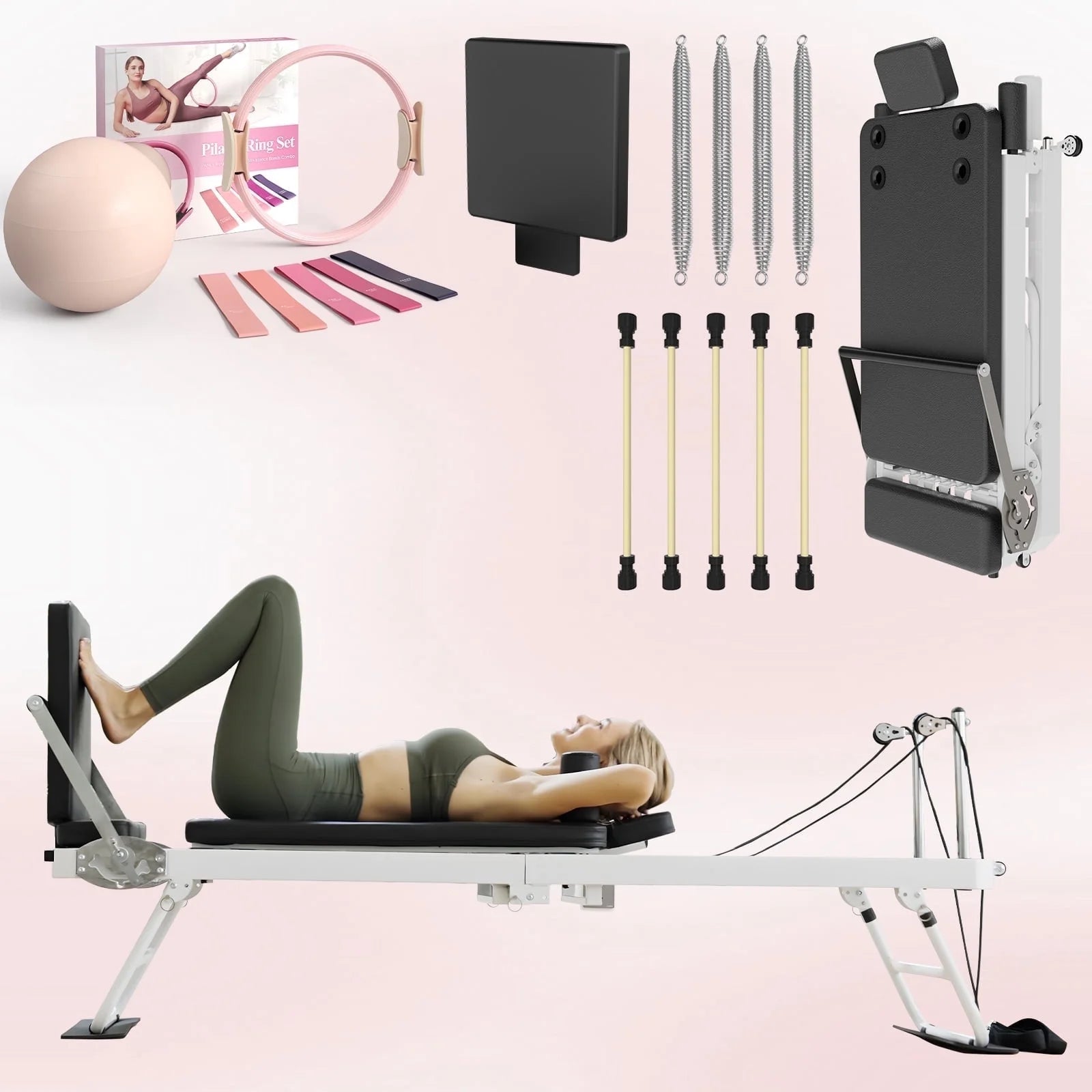 Foldable Pilates Equipment for Home Workouts,Balanced Body Pilates Reformer Machine for Home and Gym, Pilates Exercise Equipment with Jump Board, Additional 4 Springs