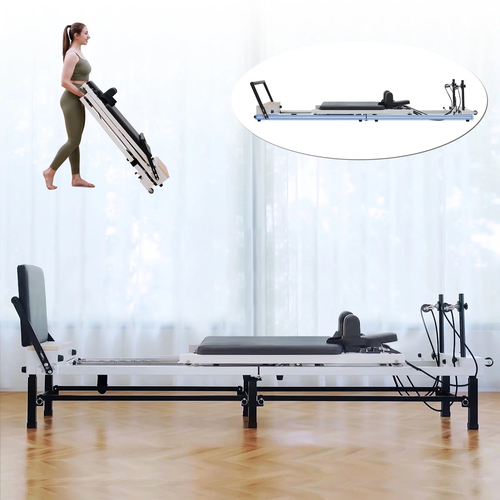 Foldable Pilates Equipment for Home Workouts,Balanced Body Pilates Reformer Machine for Home and Gym, Pilates Exercise Equipment with Jump Board, Additional 4 Springs