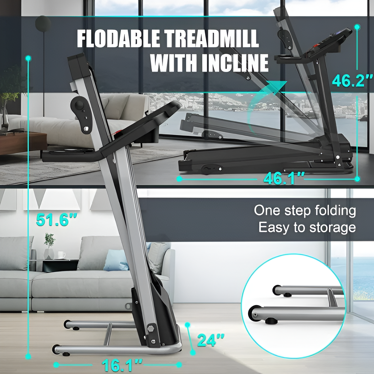 Foldable Treadmill for Home 2.5 HP Portable Running Jogging Walking Machine