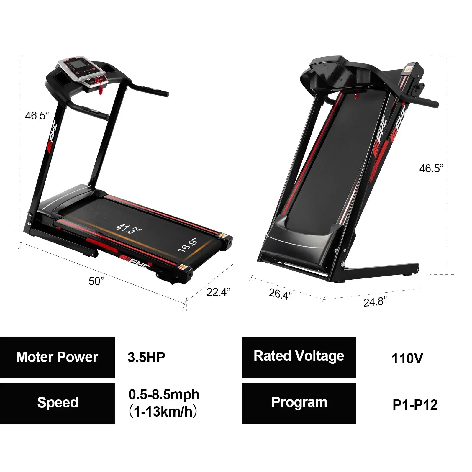 Folding Treadmill 3.5HP Adjustable Incline Bluetooth