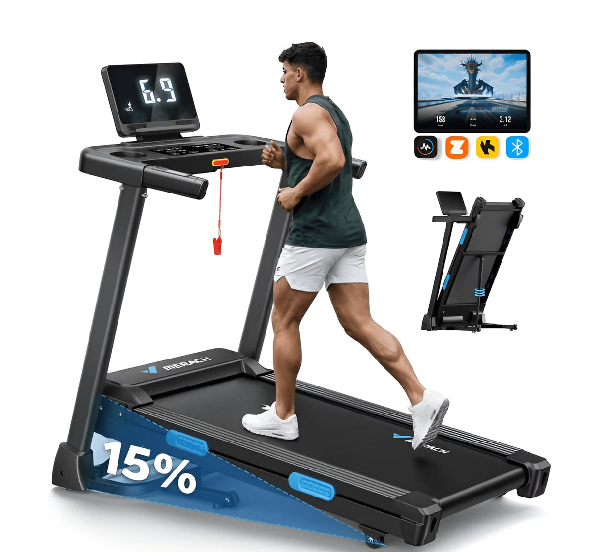 Folding Treadmill with 15% Auto Incline, 2.5 HP Motor, 300 lb Capacity, App-Connected Display for Home Workouts