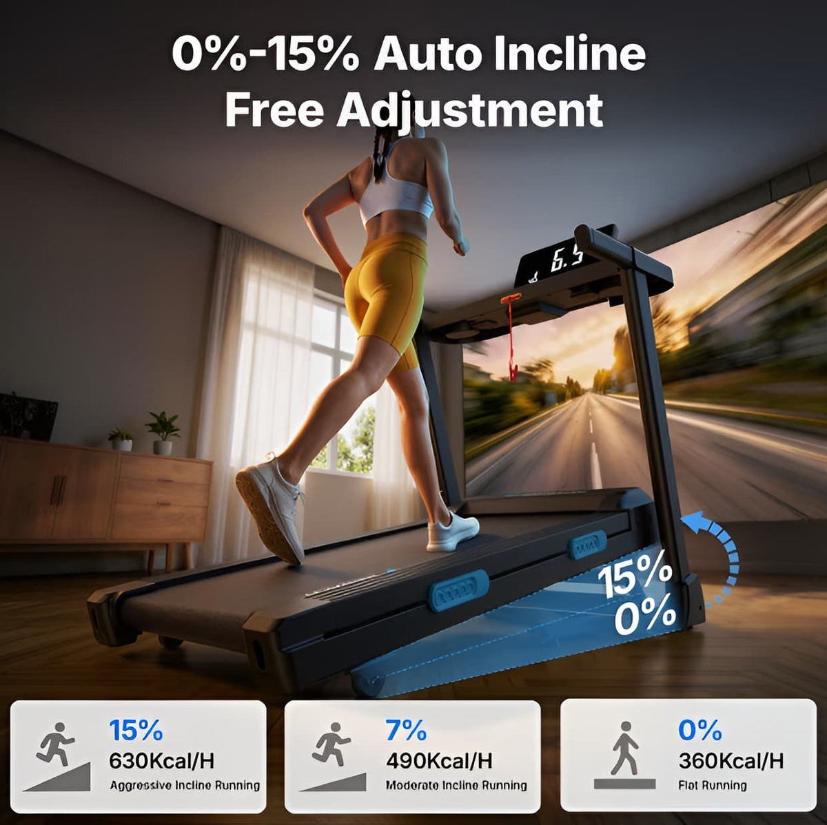 Folding Treadmill with 15% Auto Incline, 2.5 HP Motor, 300 lb Capacity, App-Connected Display for Home Workouts