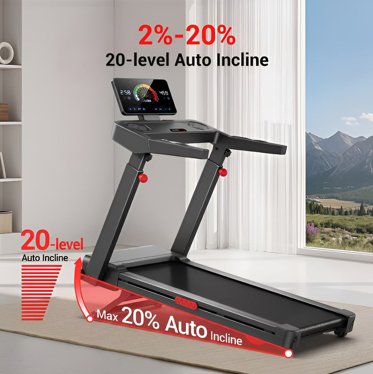Folding Treadmill with 20% Auto Incline, 400 lb Capacity, 3.5 HP Motor, 9.5 MPH Wide Belt & Adjustable Handrails
