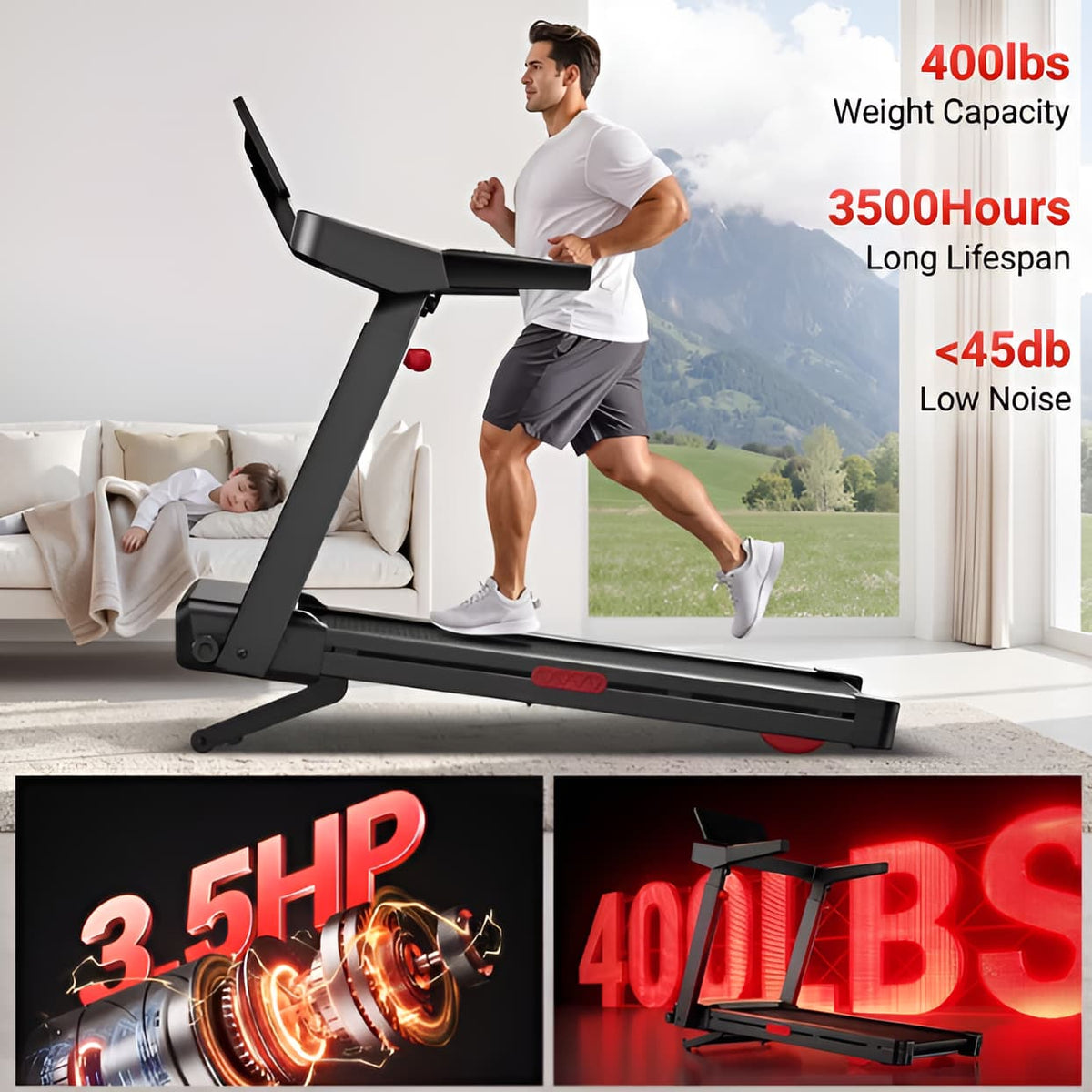 Folding Treadmill with 20% Auto Incline, 400 lb Capacity, 3.5 HP Motor, 9.5 MPH Wide Belt & Adjustable Handrails