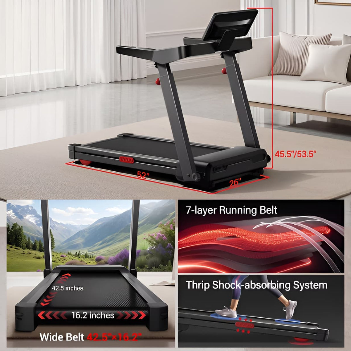Folding Treadmill with 20% Auto Incline, 400 lb Capacity, 3.5 HP Motor, 9.5 MPH Wide Belt & Adjustable Handrails