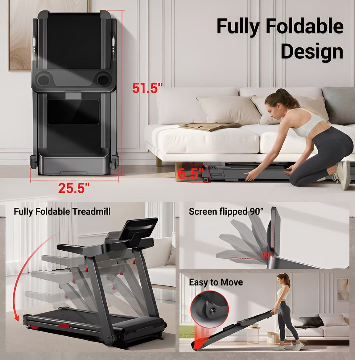 Folding Treadmill with 20% Auto Incline, 400 lb Capacity, 3.5 HP Motor, 9.5 MPH Wide Belt & Adjustable Handrails