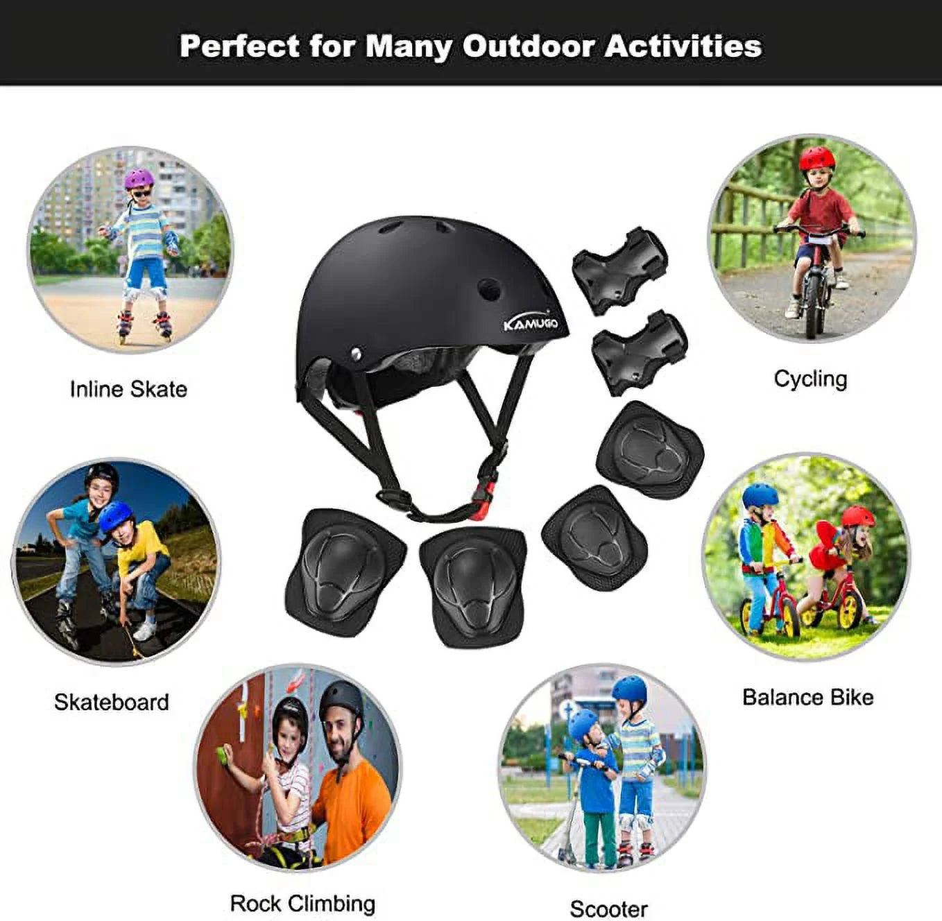 Helmets for Kids ，Black Helmet Knee Pads and Elbow Pads for Kids