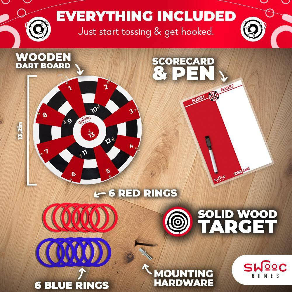 Hook Darts Ring Toss Game - Wood Board and Soft Rings - 20 plus Games Included for Kids and Adults - Dart Board Games