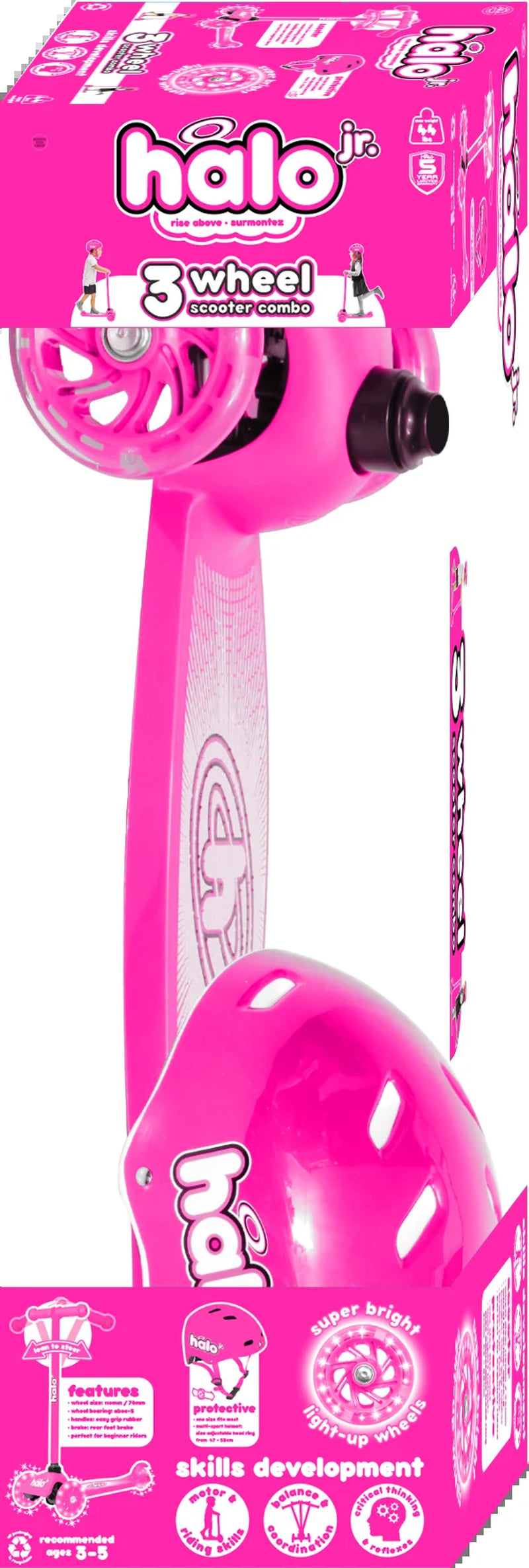 Jr 3 Wheel Scooter & Helmet Pink Super-Bright Light up Wheels 3+ Unisex