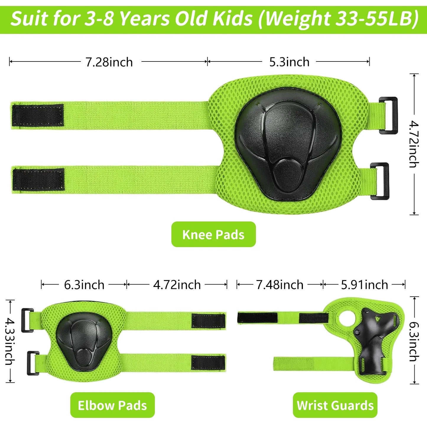 Kids Protective Gear Set, Knee Pads for Kids 2-8 Years Toddler, Knee and Elbow Pads with Wrist Guards for Skating Cycling Bike, Green