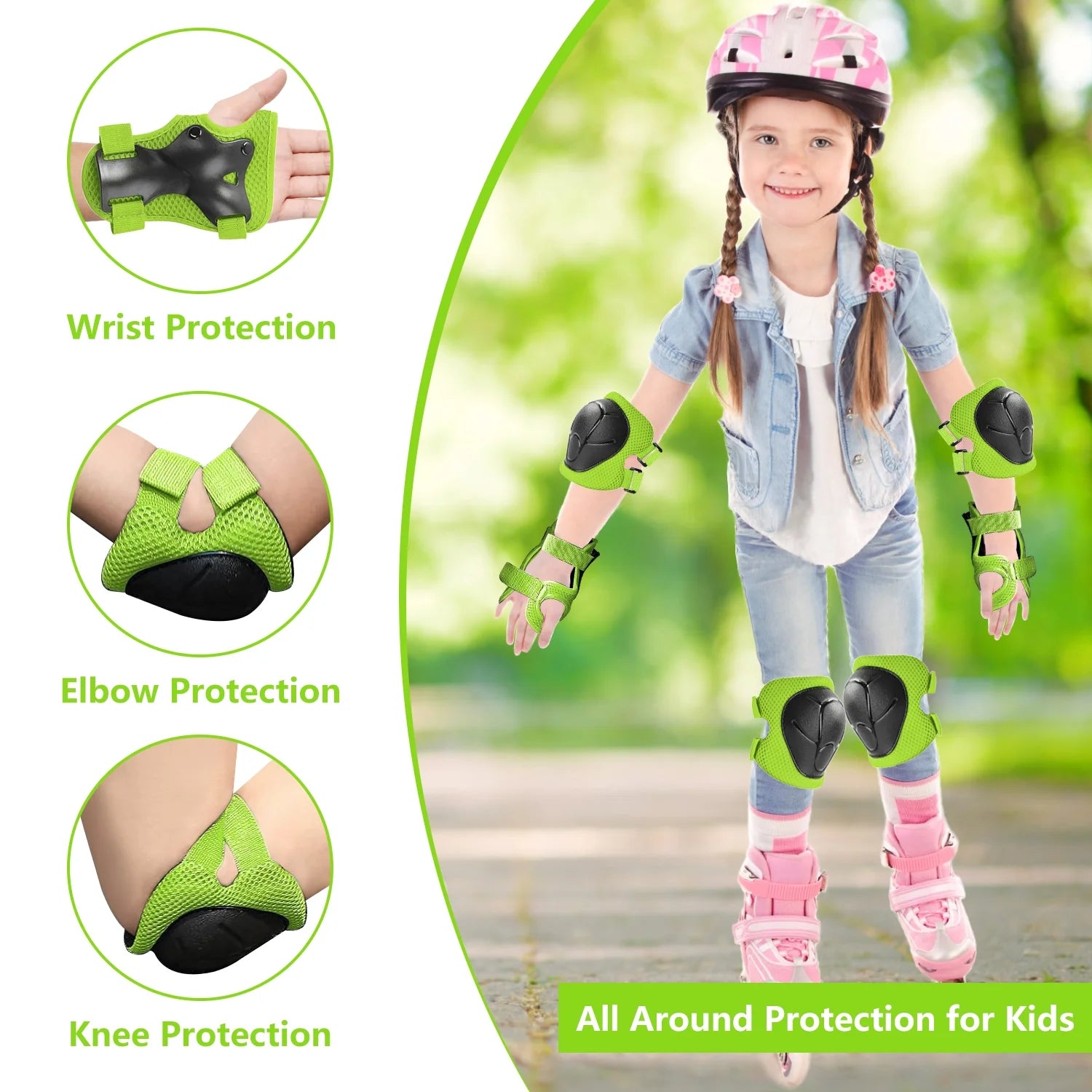 Kids Protective Gear Set, Knee Pads for Kids 2-8 Years Toddler, Knee and Elbow Pads with Wrist Guards for Skating Cycling Bike, Green