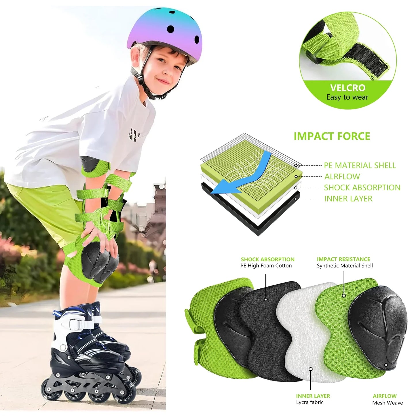 Kids Protective Gear Set, Knee Pads for Kids 2-8 Years Toddler, Knee and Elbow Pads with Wrist Guards for Skating Cycling Bike, Green