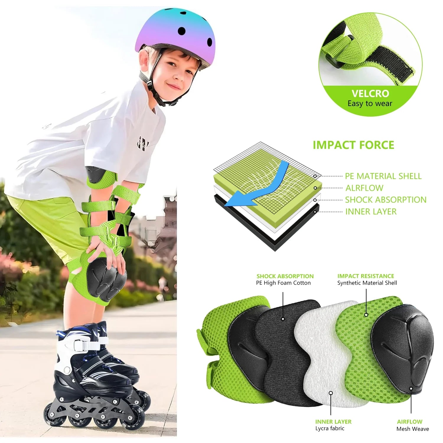Kids Protective Gear Set, Knee Pads for Kids 2-8 Years Toddler, Knee and Elbow Pads with Wrist Guards for Skating Cycling Bike, Green