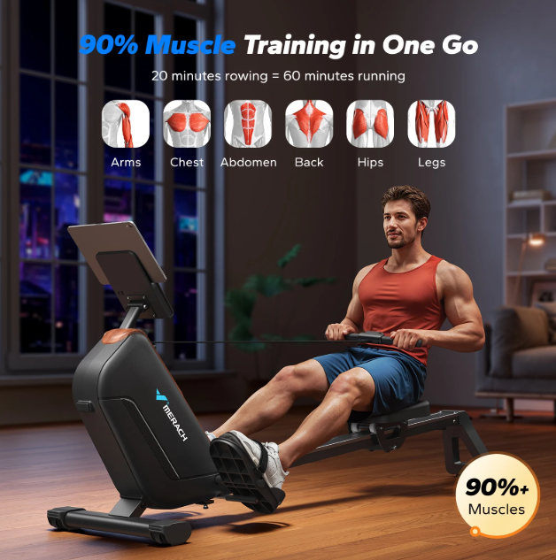 Magnetic Row Machine with 51.2" Extended Rail, 16-Level Powerful Magnetic Rower and 350 LBS Weight Capacity