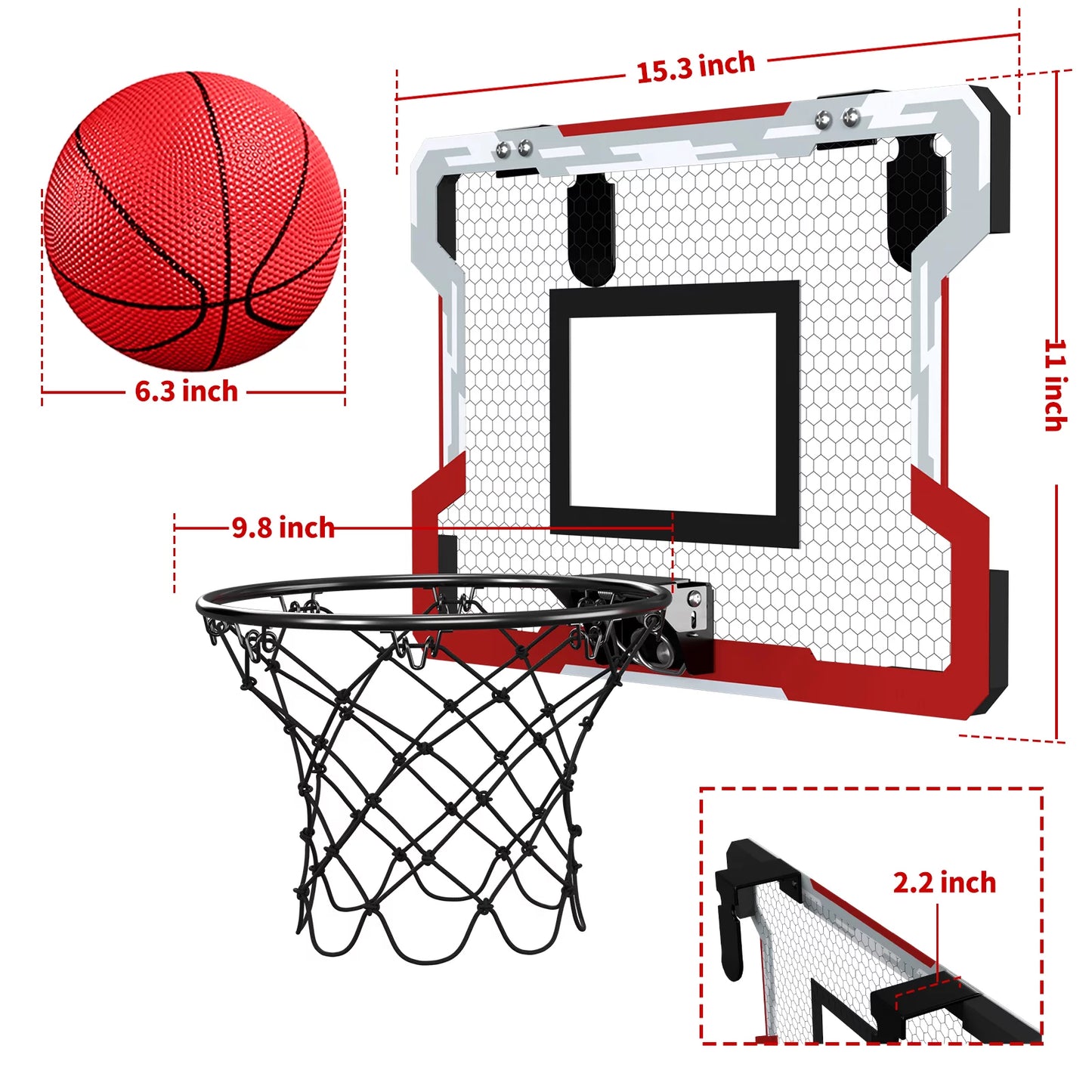 Mini Basketball Hoop for Door, Basketball Hoop Indoor, Mini Hoop with 3 Balls/Inflator/Breakaway Rim, Basketball Toy Gifts for Kids and Adults, Suit for Bedroom/Office/Outdoor, White with Red