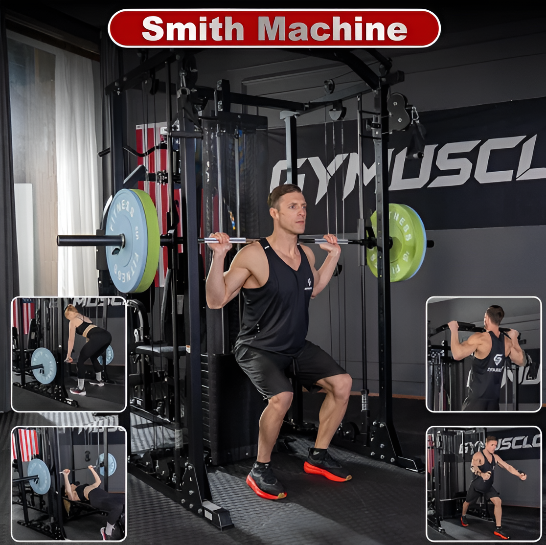 Multifunction Home Gym Equipment Workout Station, Smith Machine with 150LBS Weight Stack