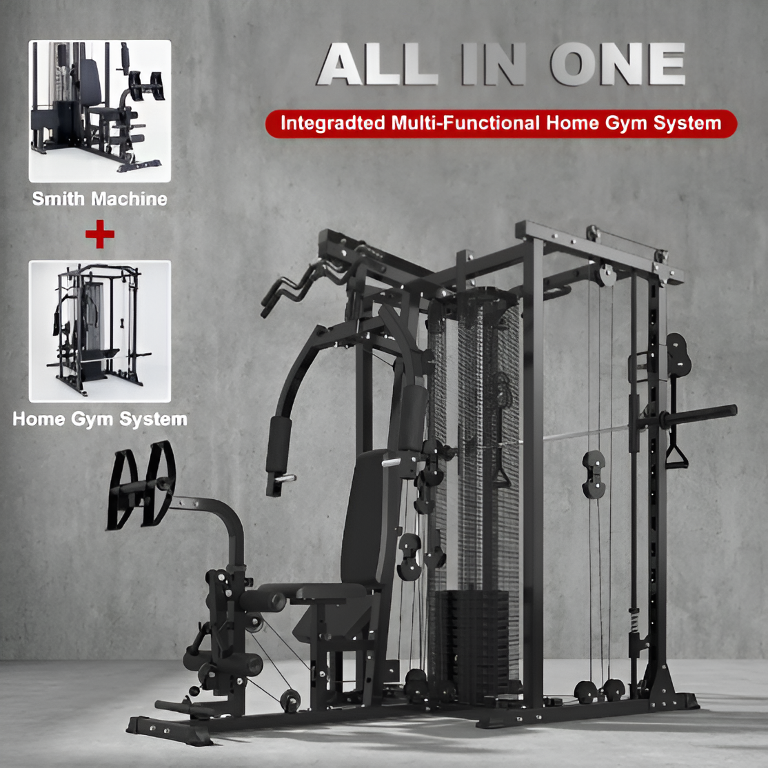 Multifunction Home Gym Equipment Workout Station, Smith Machine with 150LBS Weight Stack