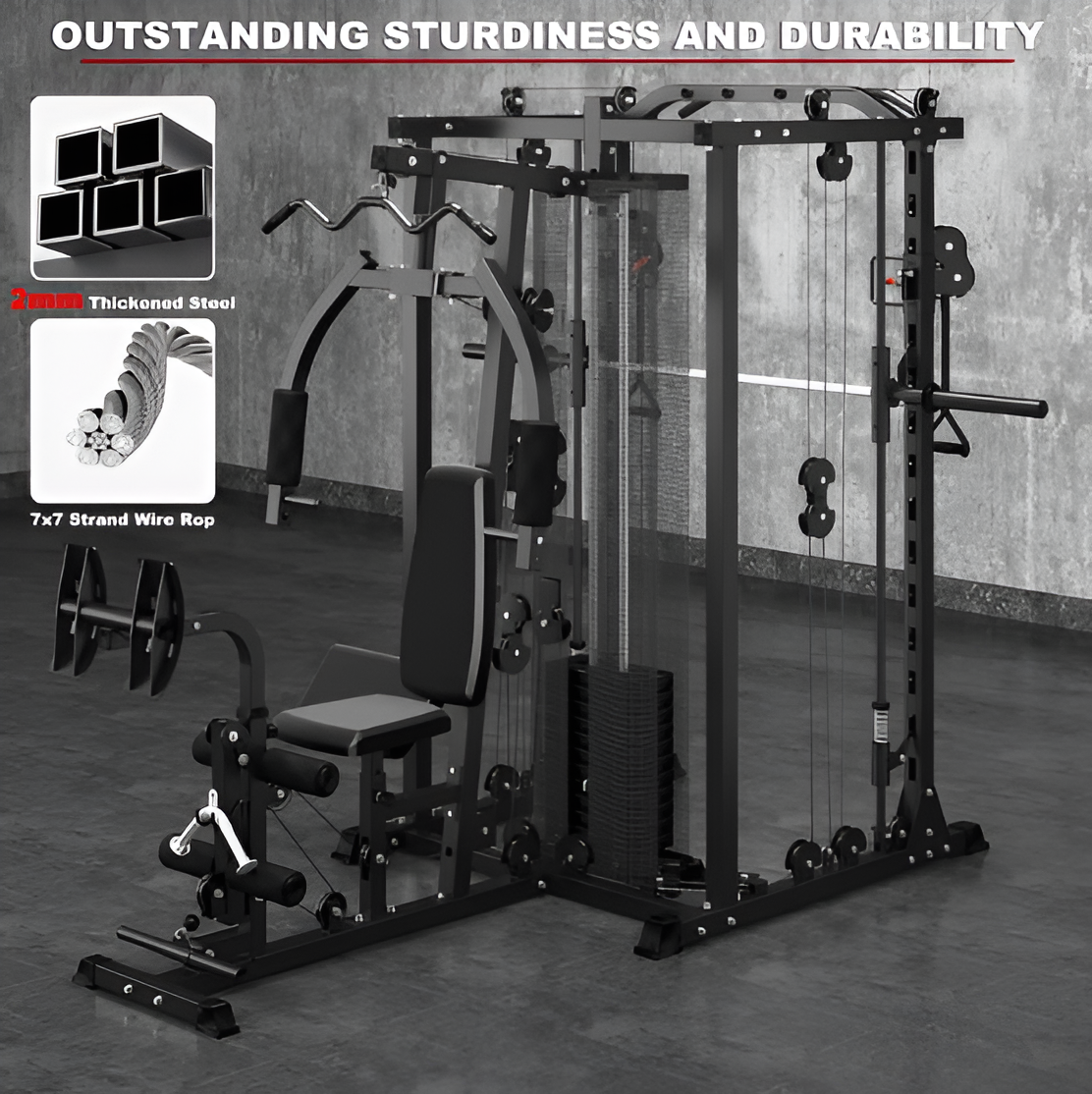 Multifunction Home Gym Equipment Workout Station, Smith Machine with 150LBS Weight Stack
