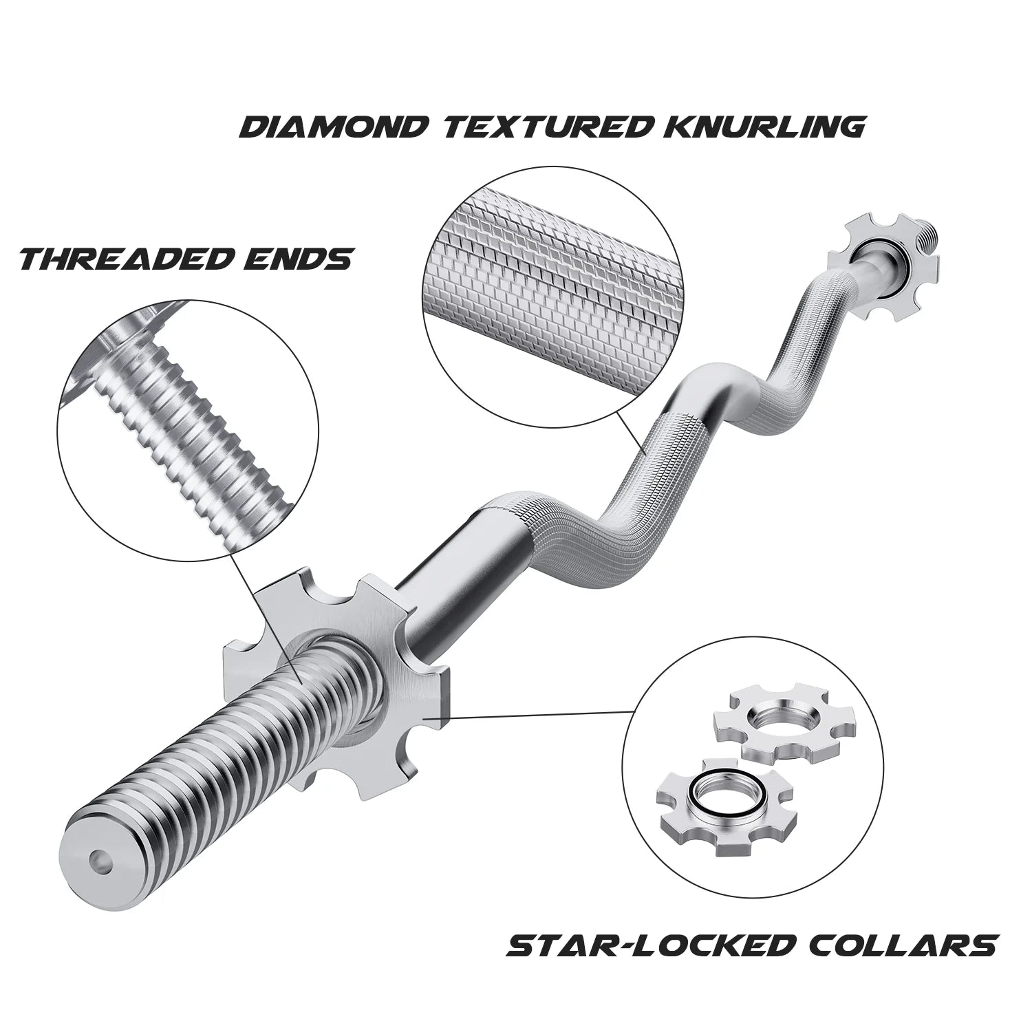 Olympic 47" Curl Bar, Barbell Standard Weight Lifting Bar Threaded Non-Slip, 440-Pound Capacity, Silver