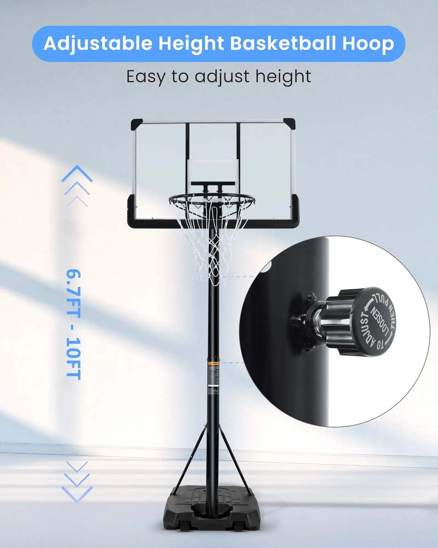 Portable Basketball Hoop - Adjustable 7.5ft to 10ft with 44" Backboard
