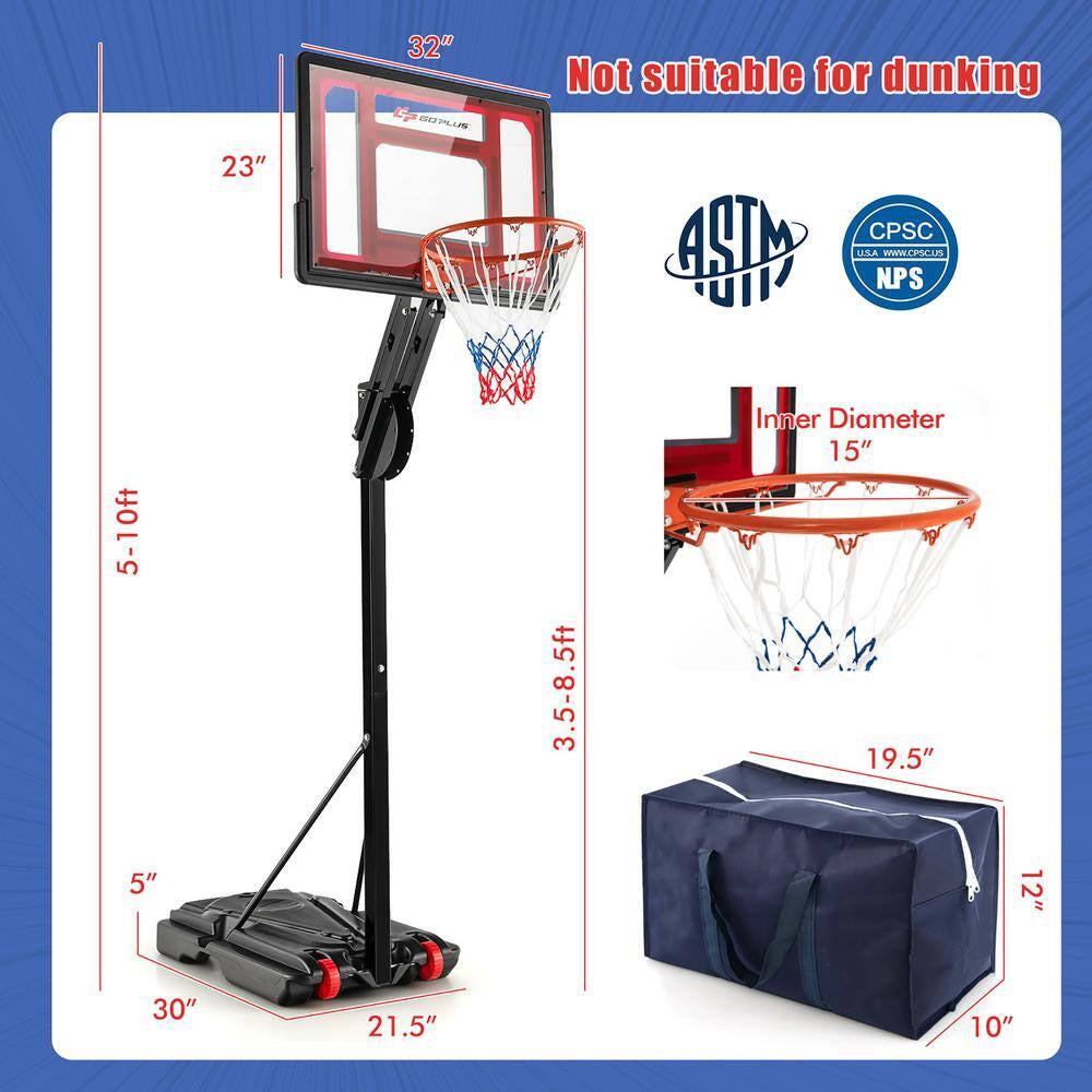 Portable Basketball Hoop System 5 Ft. to 10 Ft. Adjustable with Weight Bag Wheels Outdoor