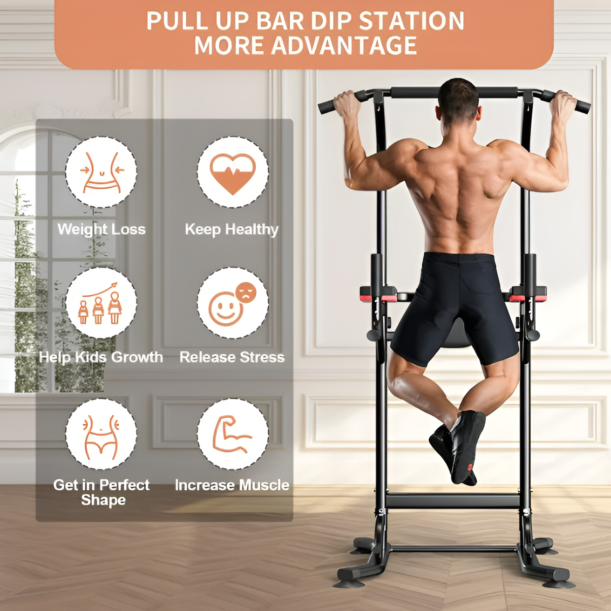 Power Tower Dip Station - Adjustable Height Pull Up Bar